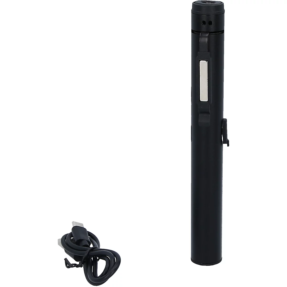 Zwarte microfoon met USB-kabel. De microfoon is cilindrisch en heeft een zilveren plaat en een clip.